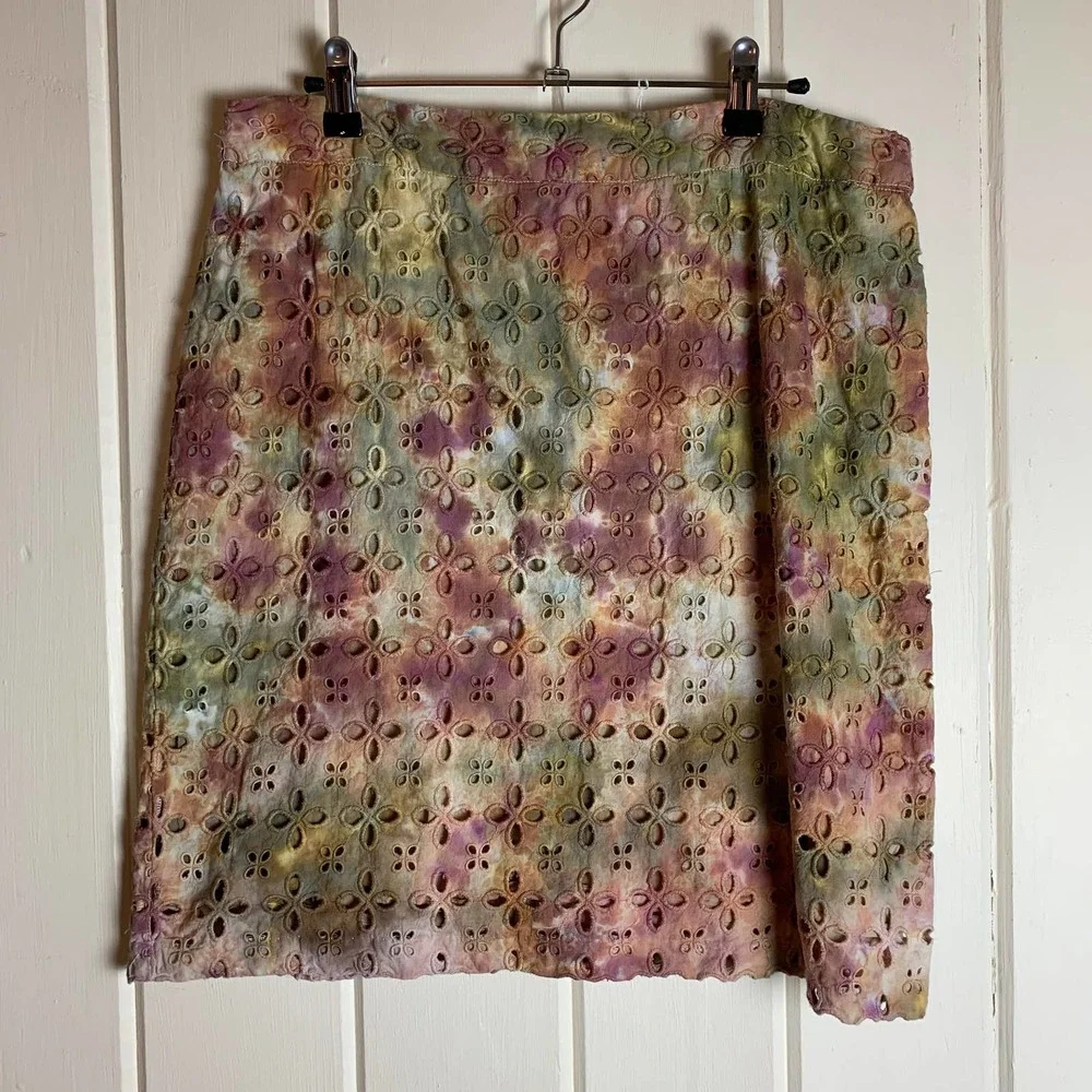 Handmade Y2K Mini Skirt Sunny Leigh Size 12 Pink Green Dyed Eyelet Flowers